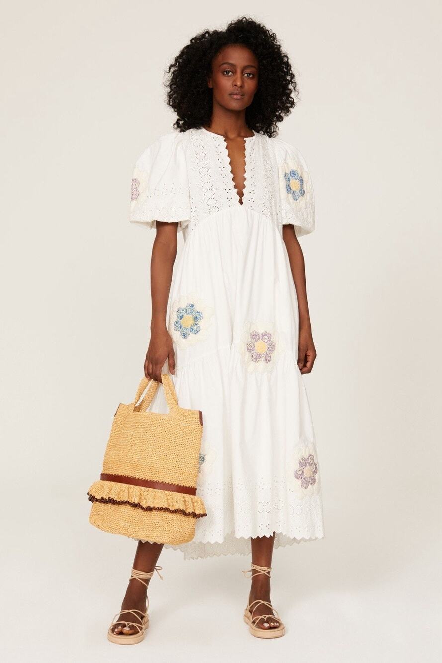 Sea New York Violette White Floral Patch Eyelet Midi Dress Cotton M